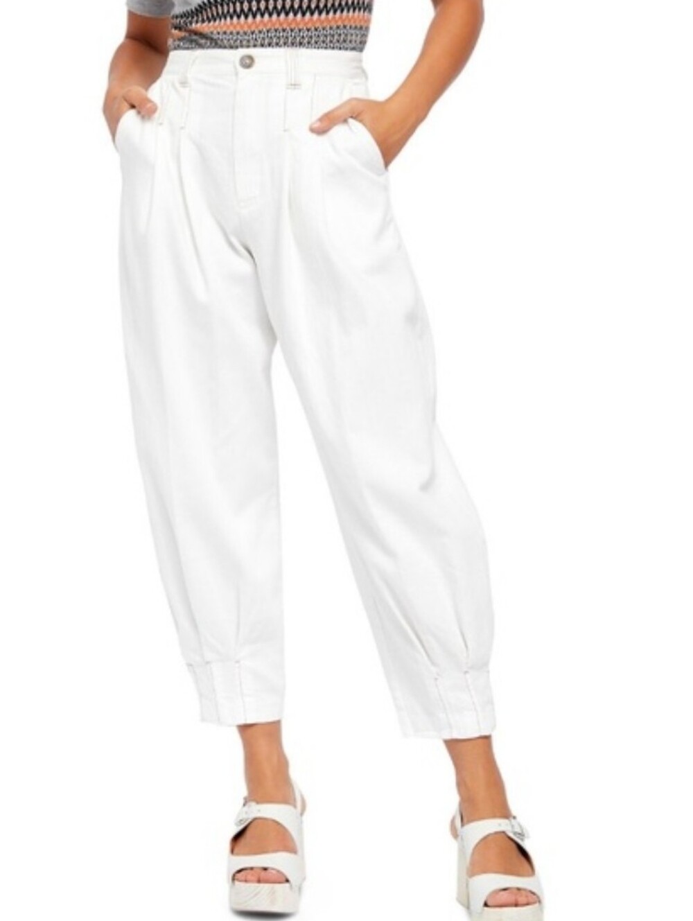 Free People Balloon Tapered Pants Off White‎ Sz4 Pleated Baggy Crop Y2k Hippie